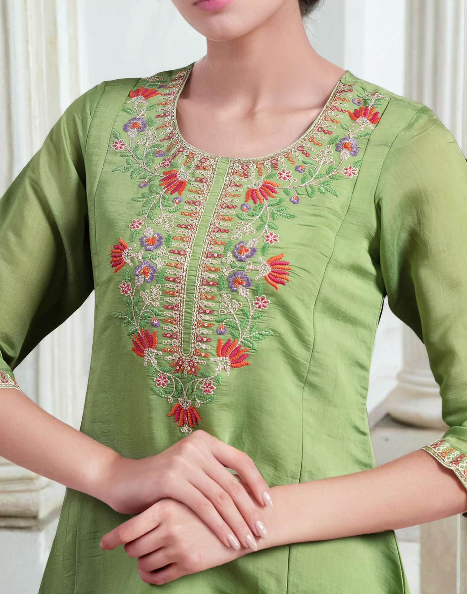 Green Silk Embroidered A-Line Kurta Set with Pant & Dupatta Elegant Festive Wear for Diwali