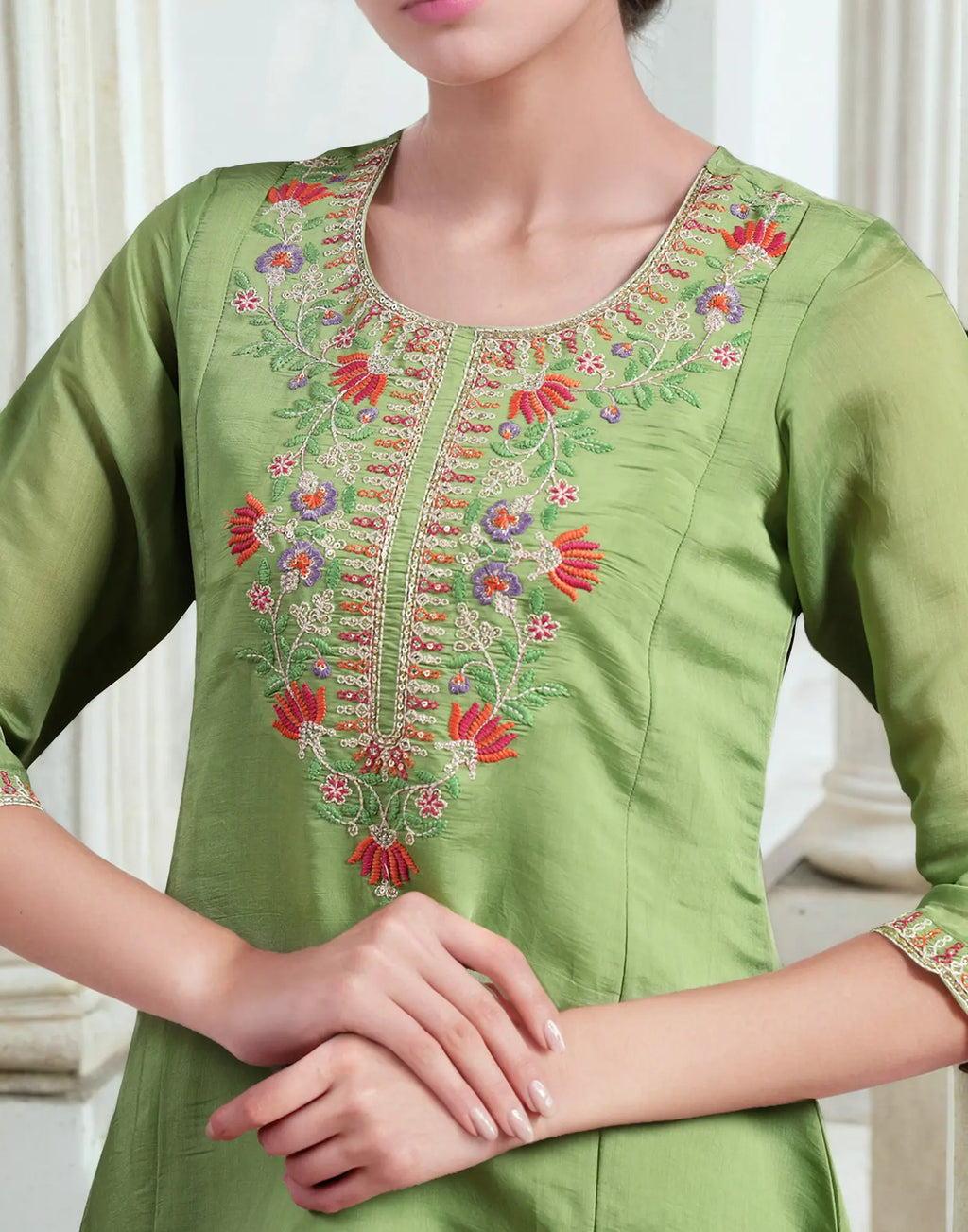 Poly Chinnon Embroidered A-Line 3 Piece Kurta Set