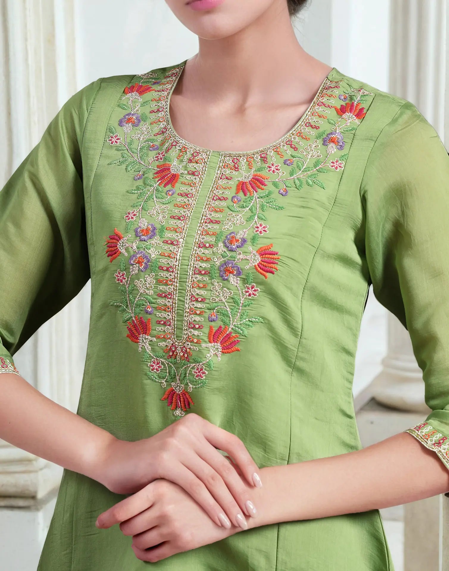 Poly Chinnon Embroidered A-Line 3 Piece Kurta Set