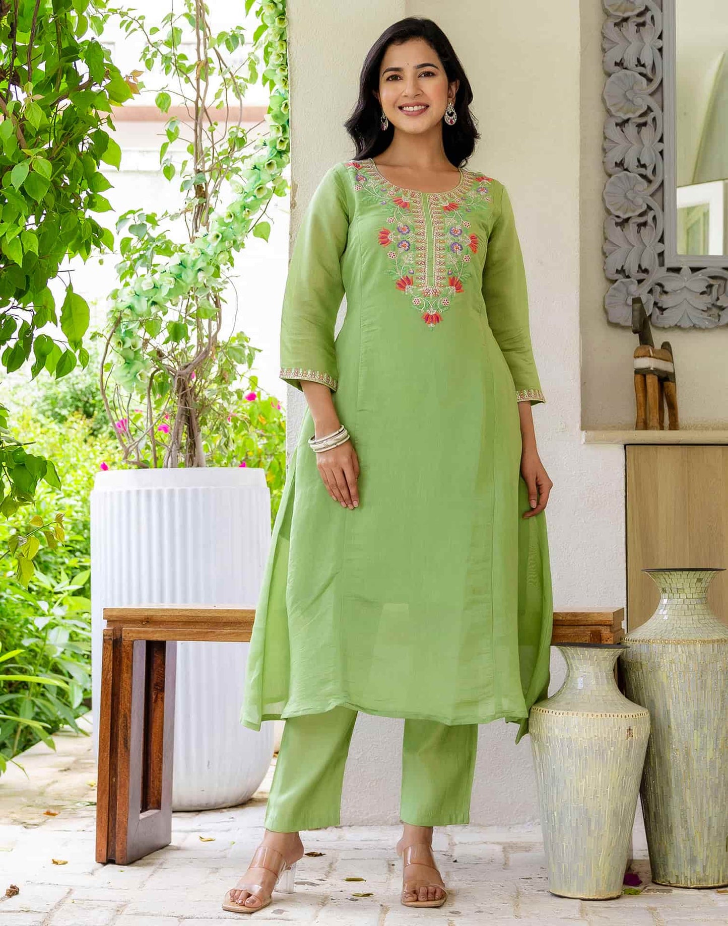 Silk Embroidered A-Line Kurta with Pant & Dupatta