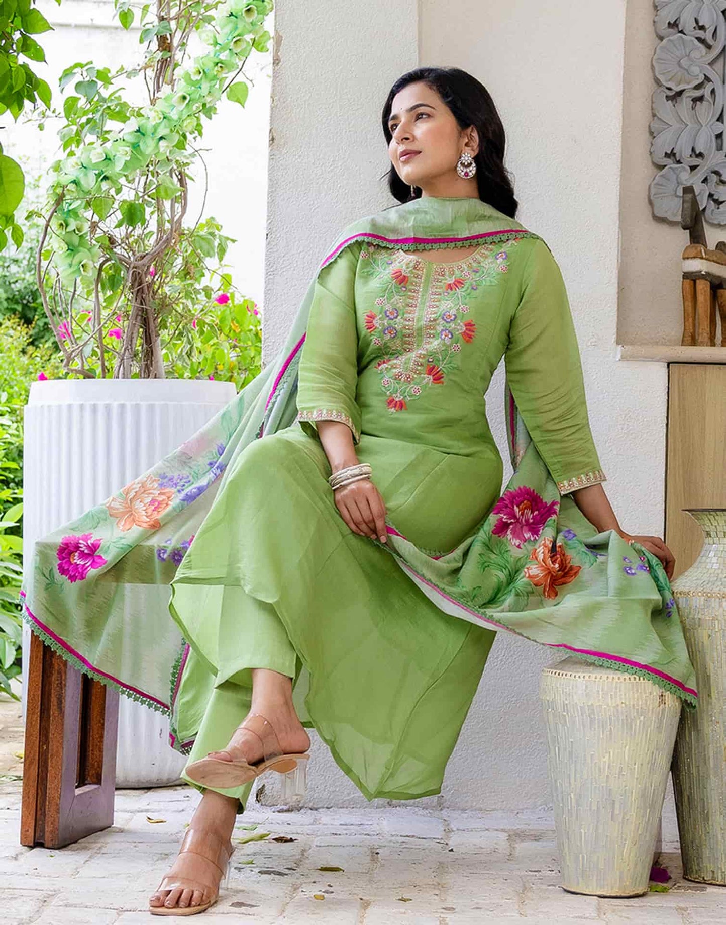 Silk Embroidered A-Line Kurta with Pant & Dupatta