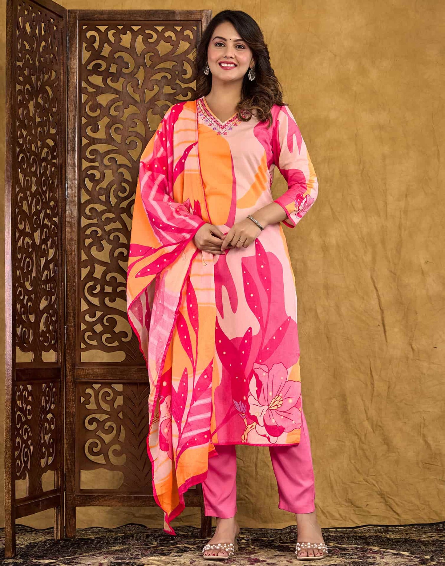 Cotton Straight Printed V-Neck Kurta with Pant & Dupatta