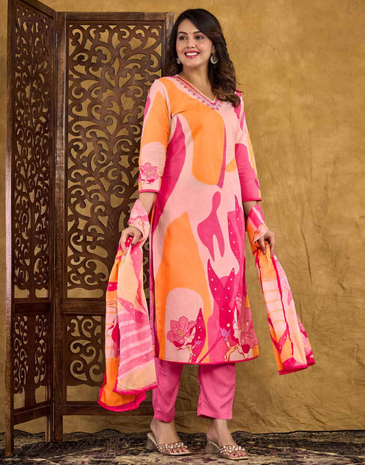 Cotton Straight Printed V-Neck Kurta with Pant & Dupatta