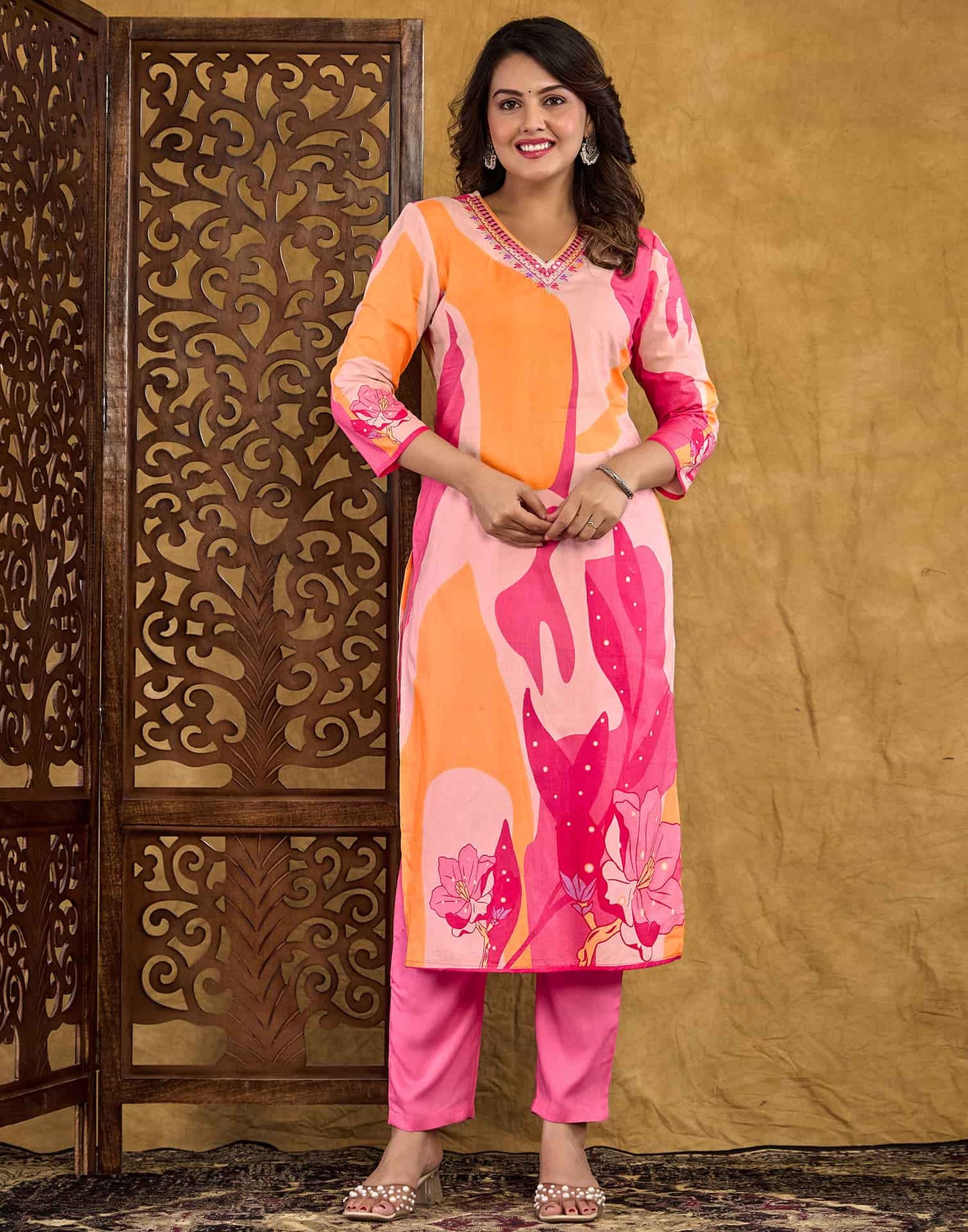 Cotton Straight Printed V-Neck Kurta with Pant & Dupatta