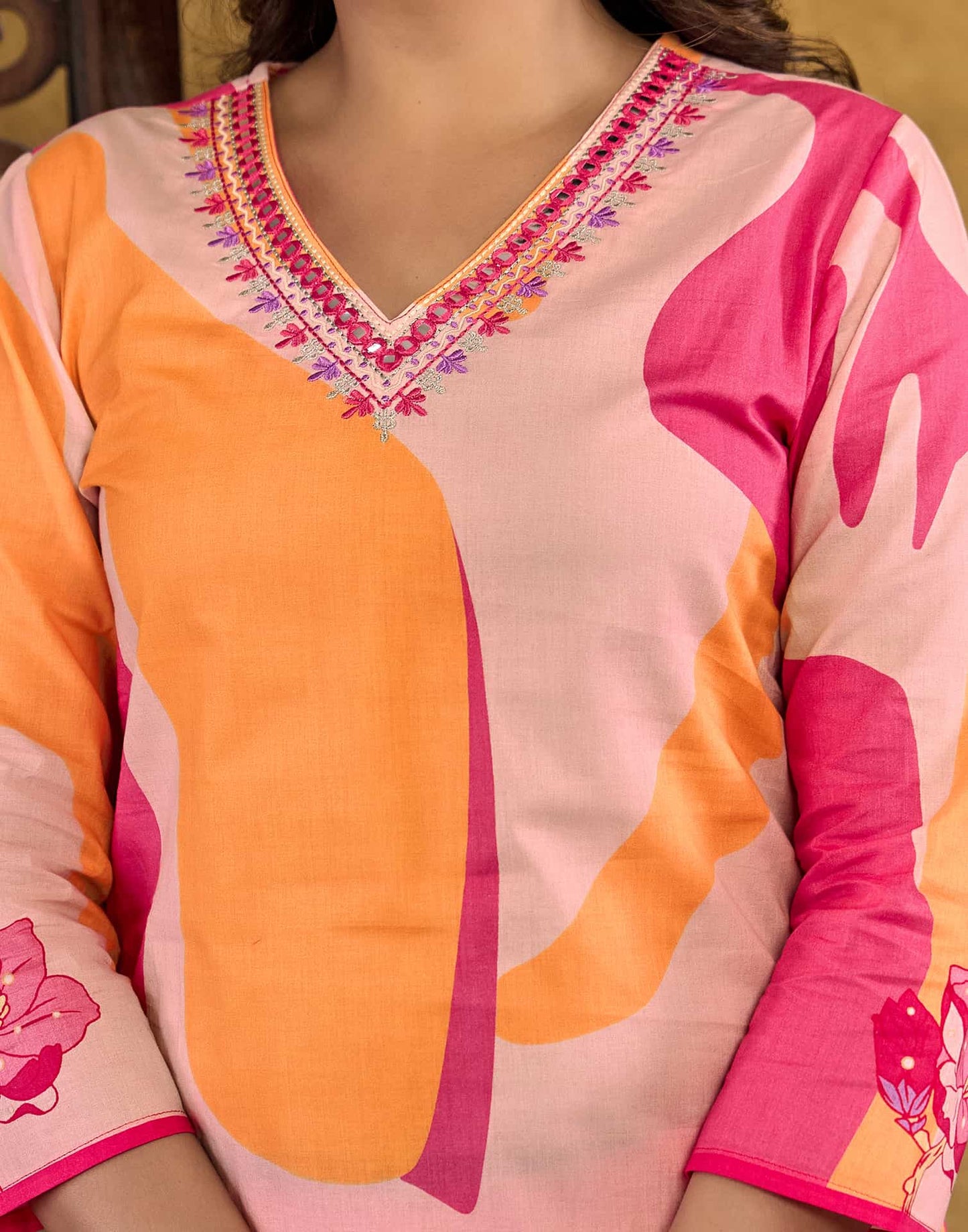 Cotton Straight Printed V-Neck Kurta with Pant & Dupatta