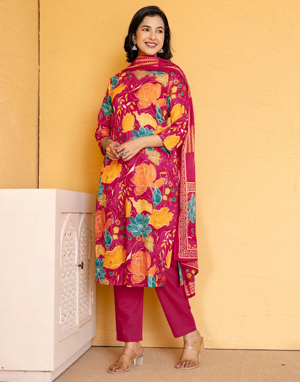 Cotton Floral Print Straight 3 Piece Kurta Set