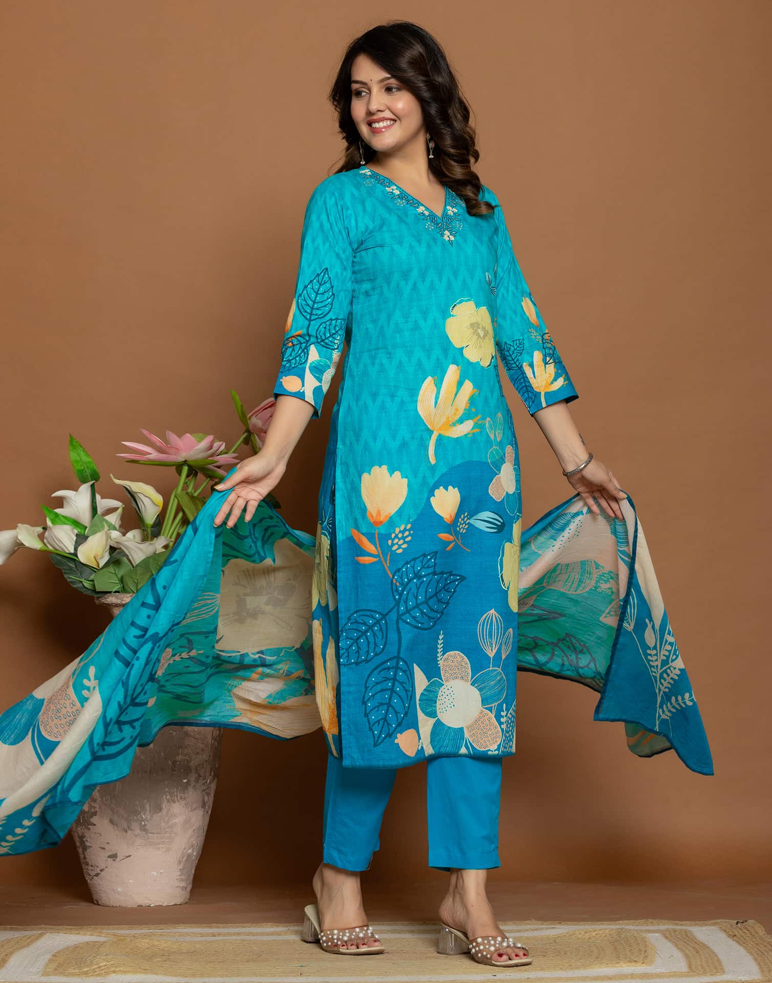Blue Cotton Printed Straight Kurta Set with Pant & Dupatta for Women Affordable Daily Wear Outfit