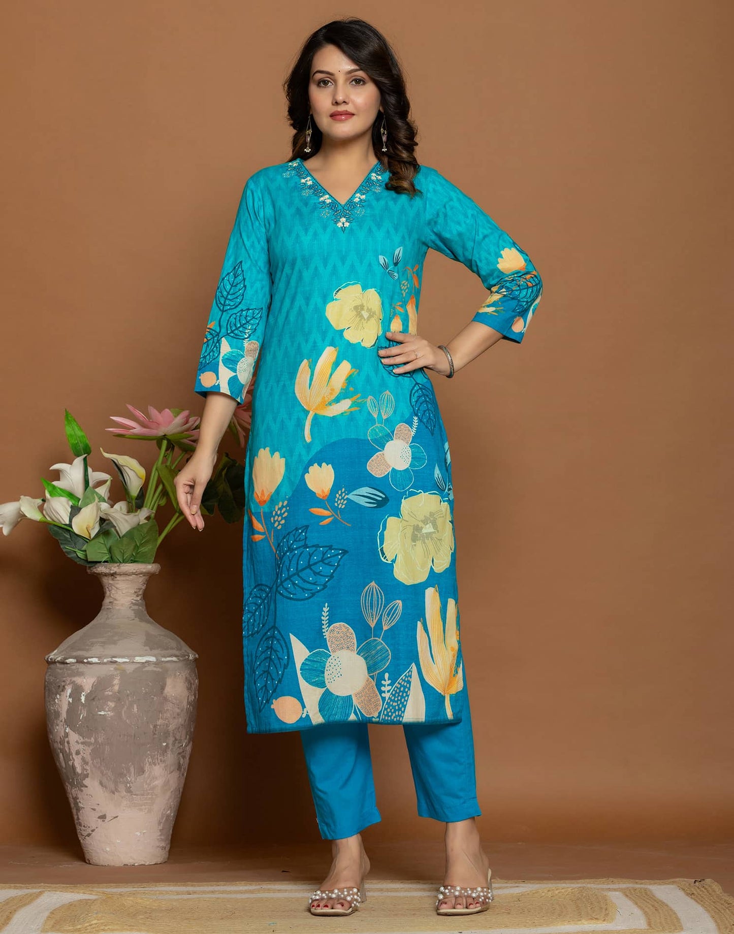 Blue Cotton Printed Straight Kurta Set with Pant & Dupatta for Women Affordable Daily Wear Outfit