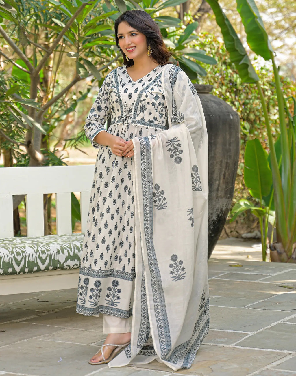Skylee Cotton Printed Anarkali 3 Piece Kurta Set For Woman