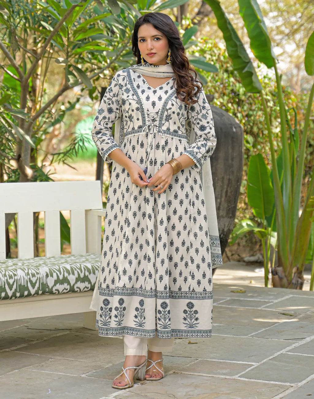 Skylee Cotton Printed Anarkali 3 Piece Kurta Set For Woman