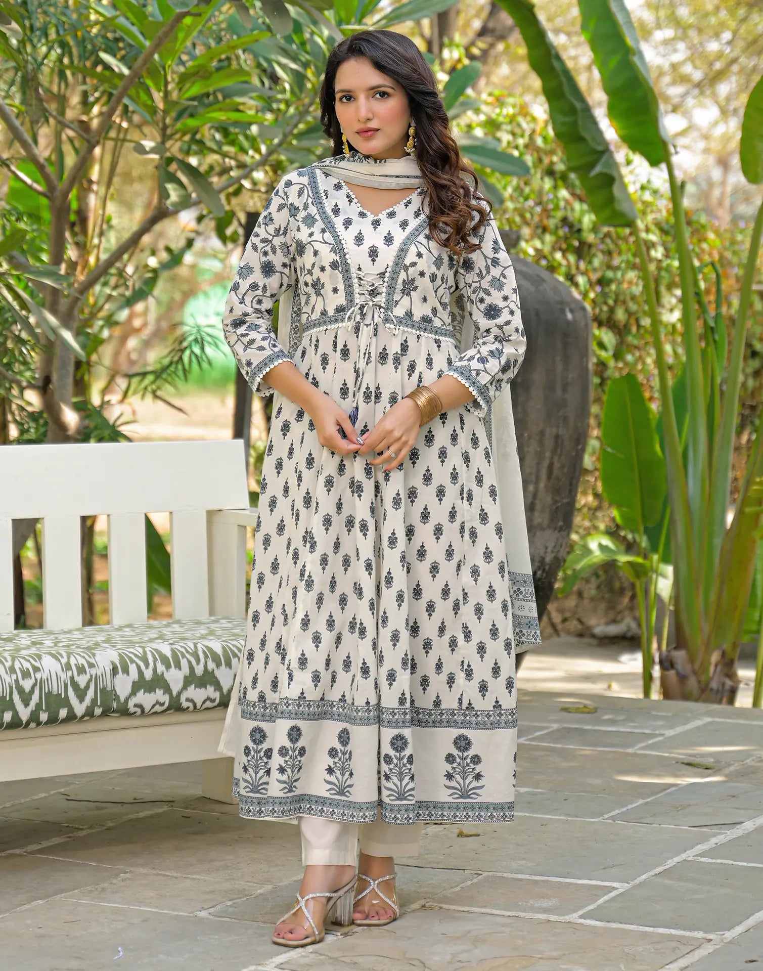 Skylee Cotton Printed Anarkali 3 Piece Kurta Set For Woman