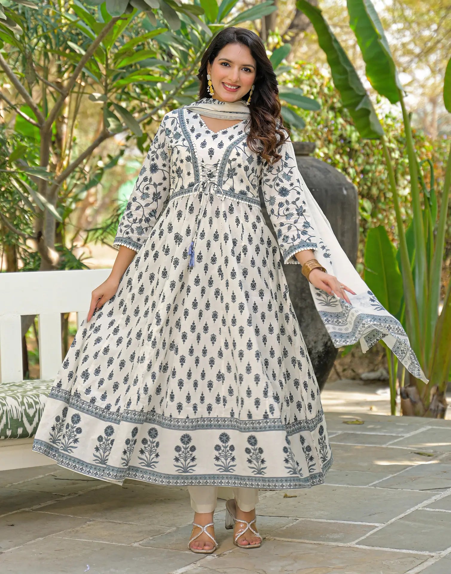 Skylee Cotton Printed Anarkali 3 Piece Kurta Set For Woman