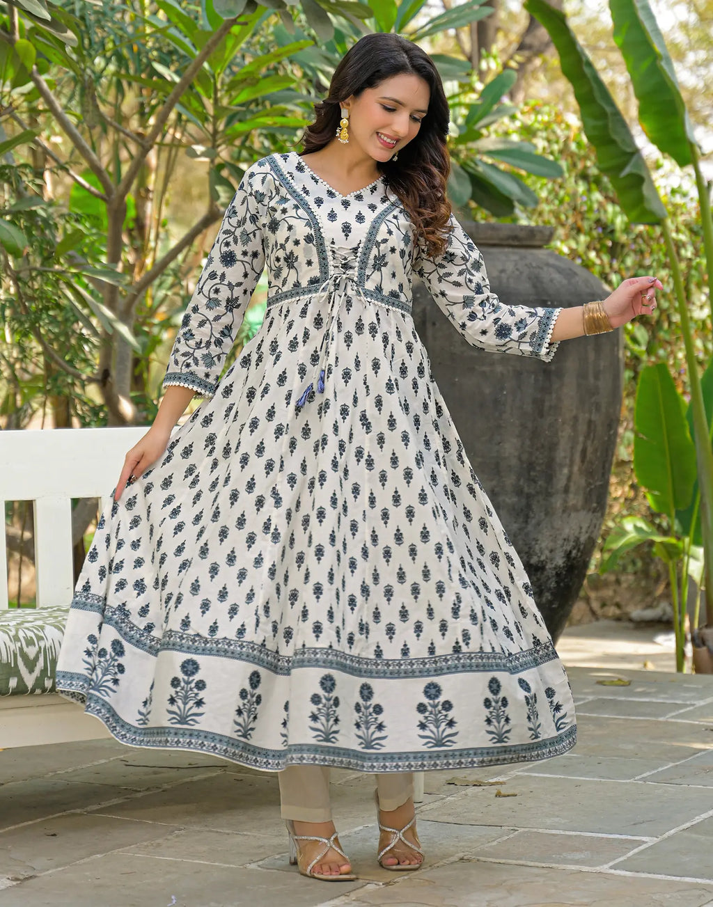 Skylee Cotton Printed Anarkali 3 Piece Kurta Set For Woman