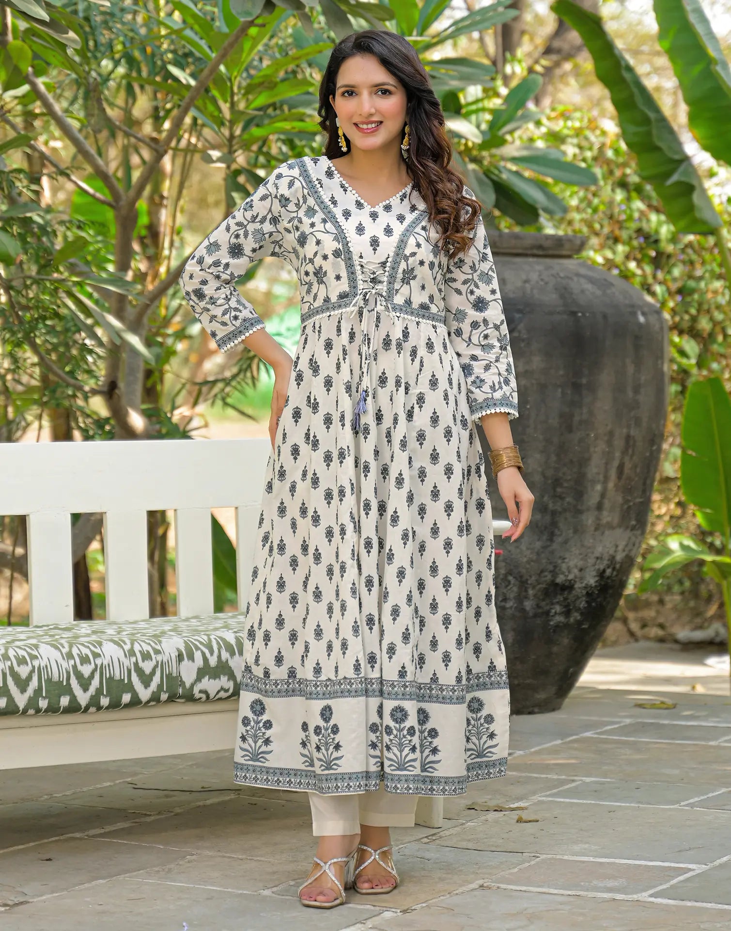 Skylee Cotton Printed Anarkali 3 Piece Kurta Set For Woman