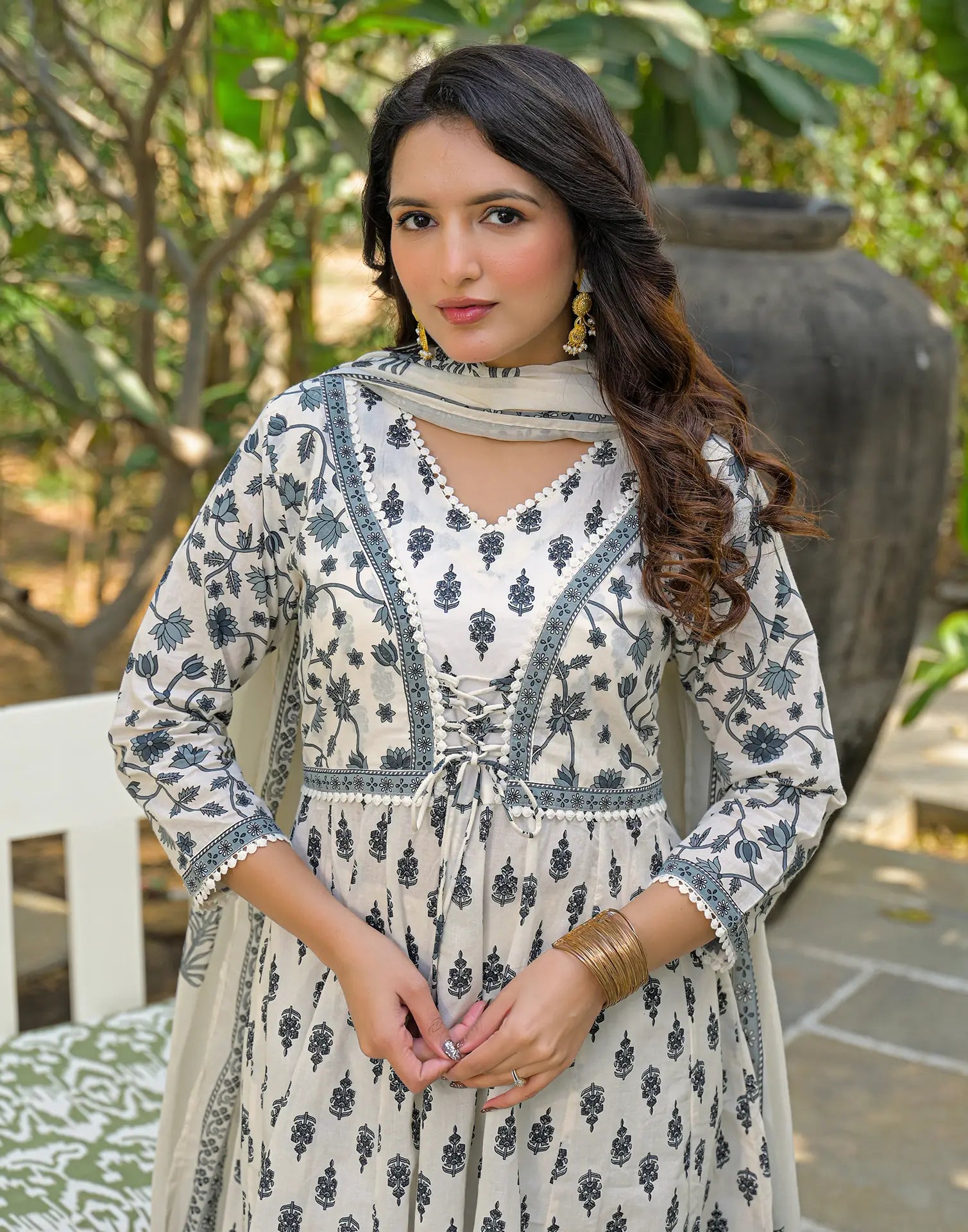 Skylee Cotton Printed Anarkali 3 Piece Kurta Set For Woman