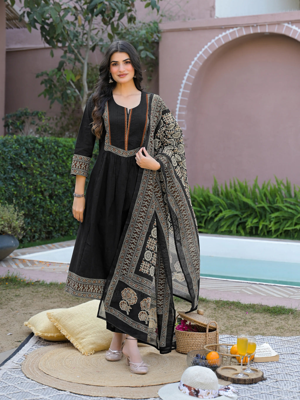 Black Notched Round Neck Embroidered Printed Anarkali 3 Piece Kurta Set with Dupatta