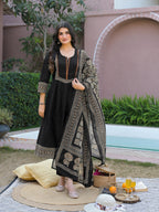 Black Notched Round Neck Embroidered Printed Anarkali 3 Piece Kurta Set with Dupatta
