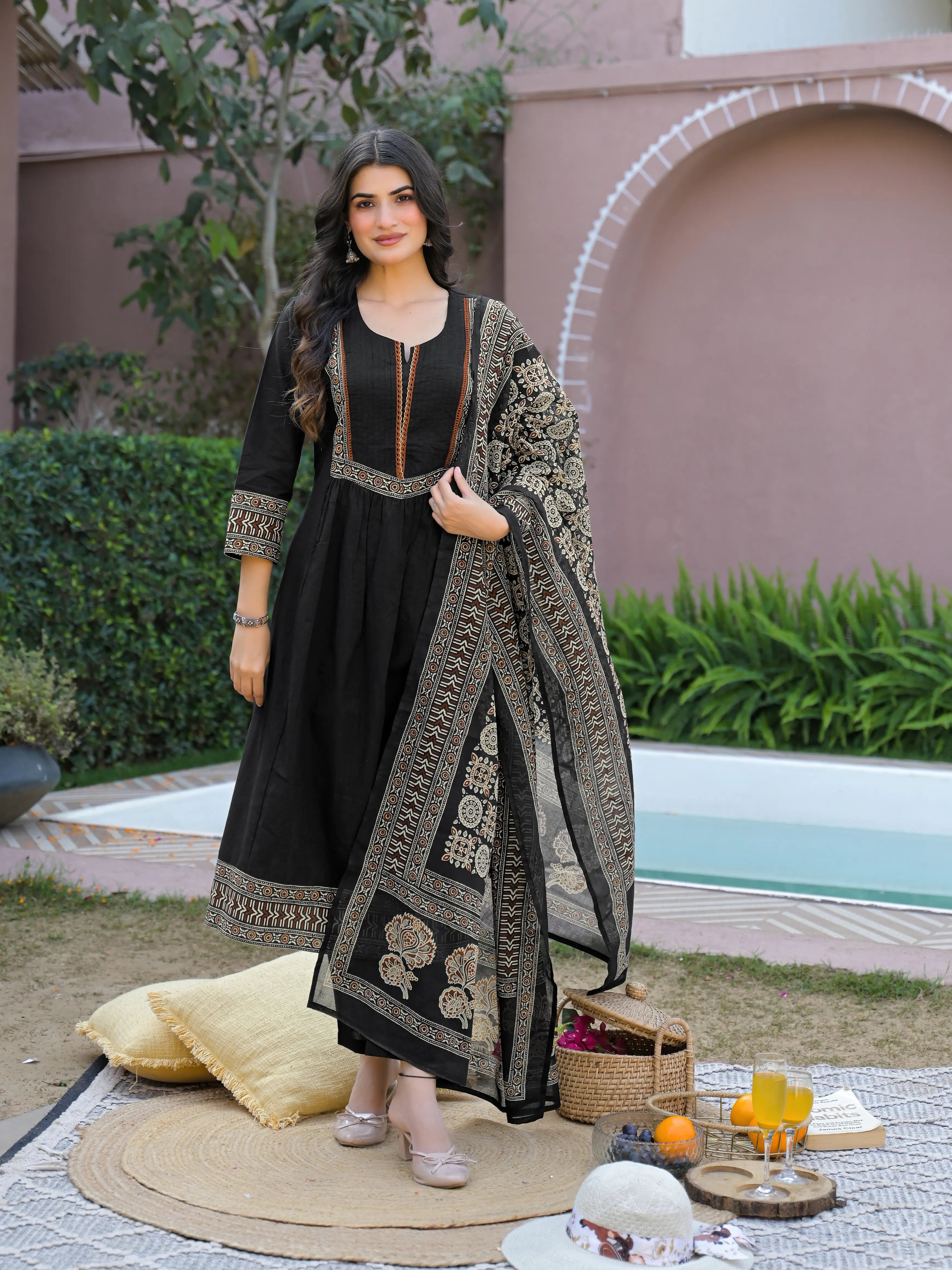 Black Notched Round Neck Embroidered Printed Anarkali 3 Piece Kurta Set with Dupatta