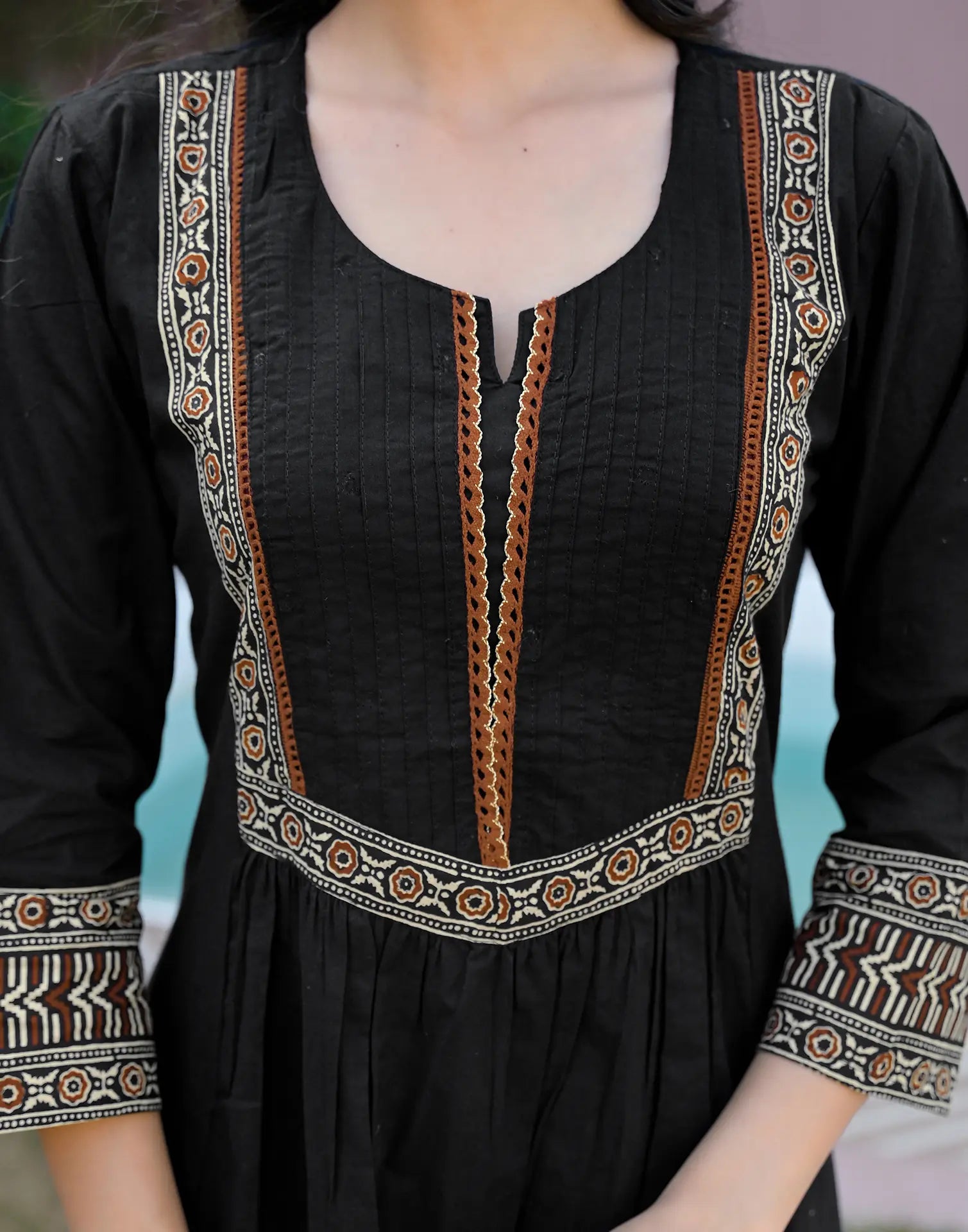 Black Notched Round Neck Embroidered Printed Anarkali 3 Piece Kurta Set with Dupatta