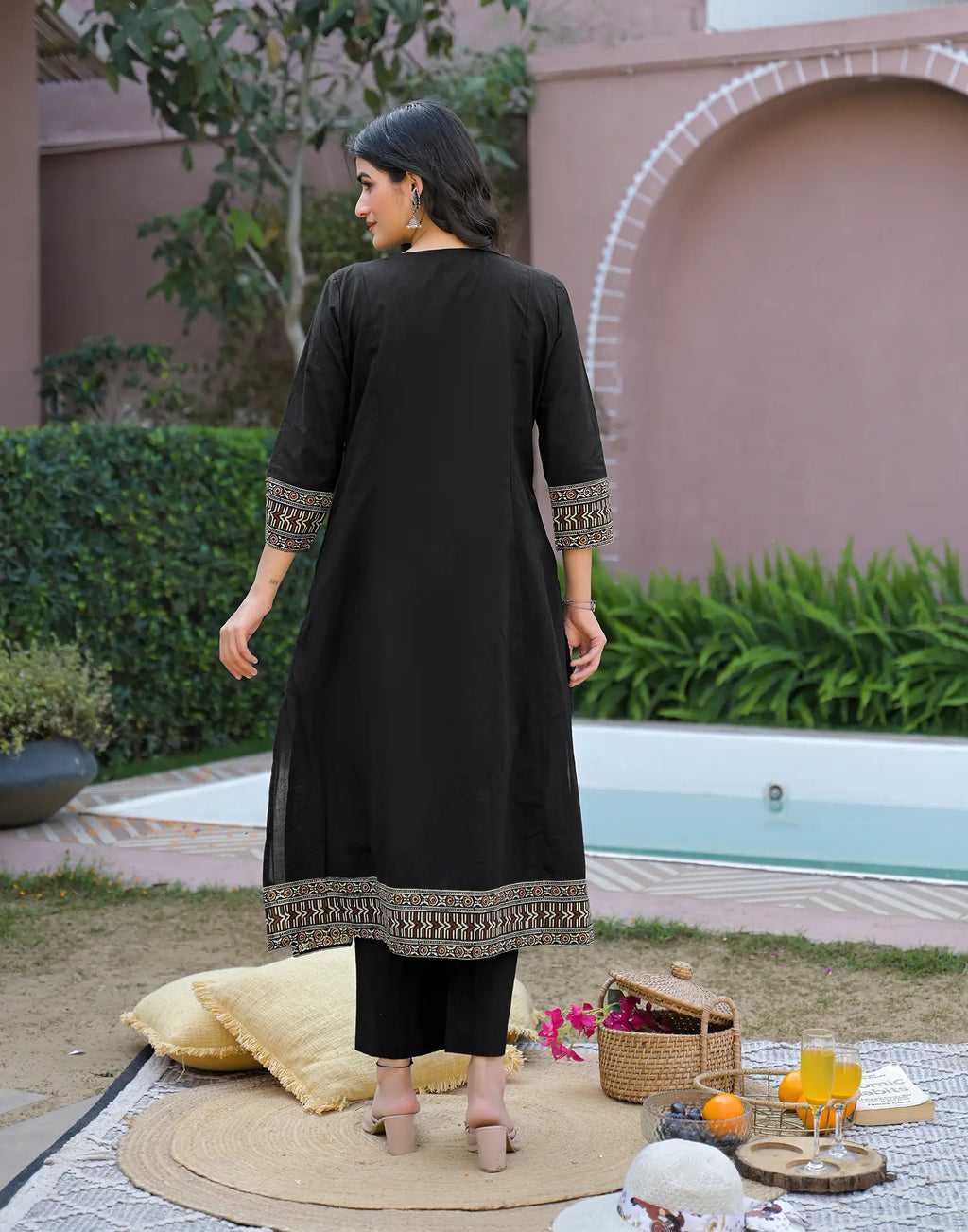 Black Notched Round Neck Embroidered Printed Anarkali 3 Piece Kurta Set with Dupatta