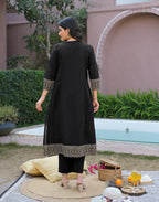 Black Notched Round Neck Embroidered Printed Anarkali 3 Piece Kurta Set with Dupatta