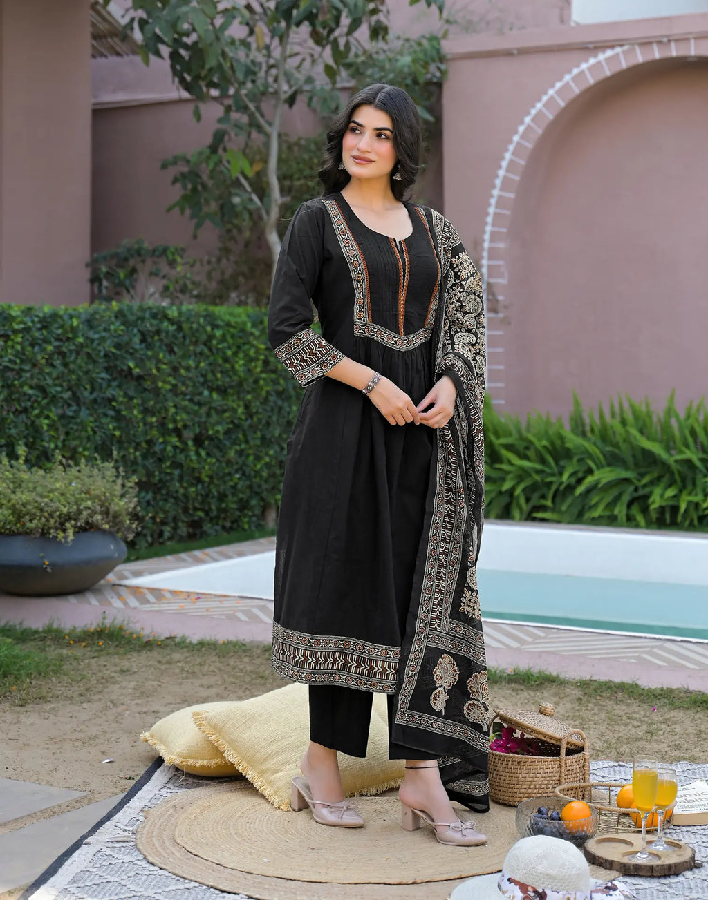 Black Notched Round Neck Embroidered Printed Anarkali 3 Piece Kurta Set with Dupatta