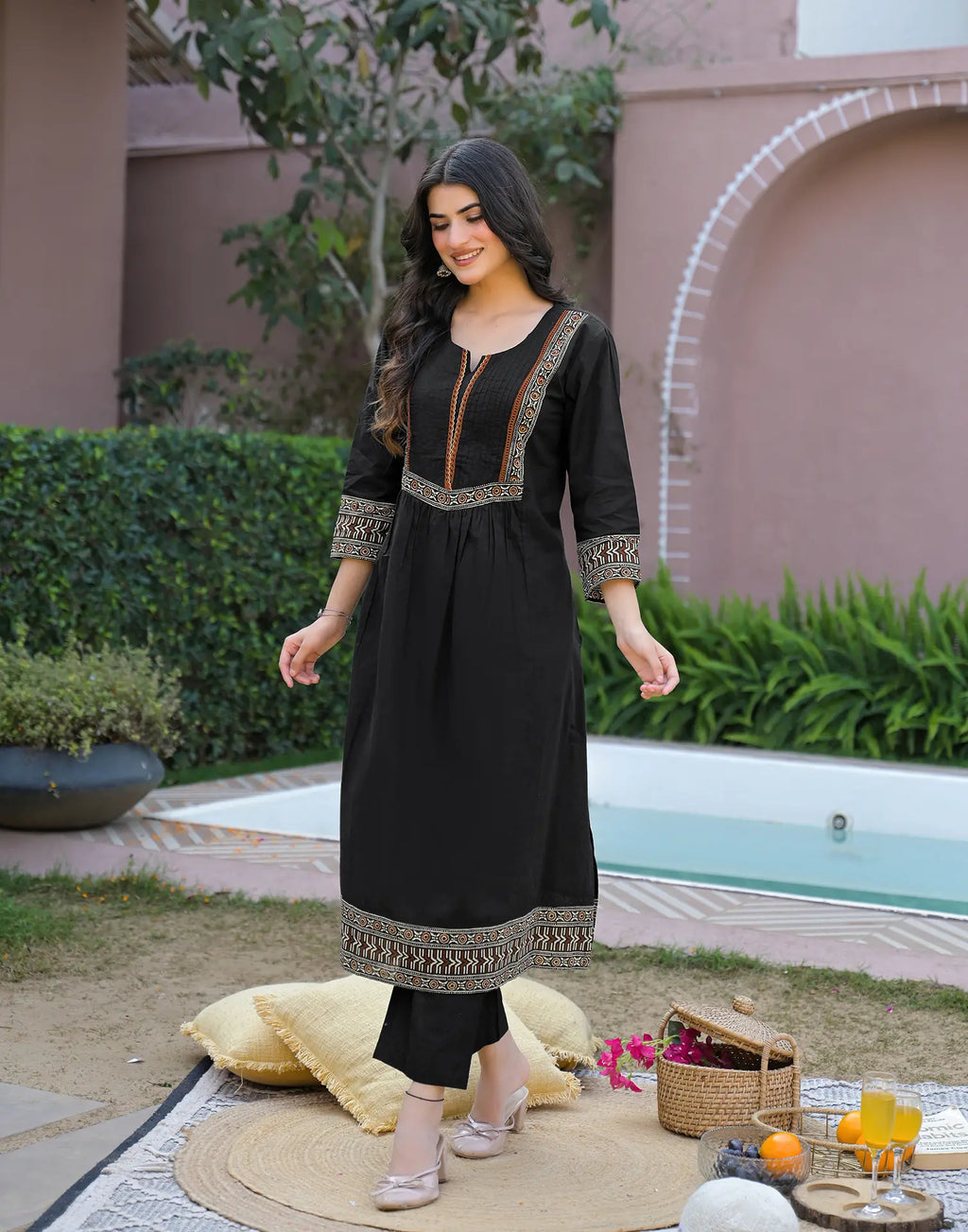 Black Notched Round Neck Embroidered Printed Anarkali 3 Piece Kurta Set with Dupatta