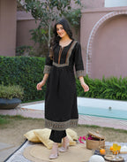 Black Notched Round Neck Embroidered Printed Anarkali 3 Piece Kurta Set with Dupatta