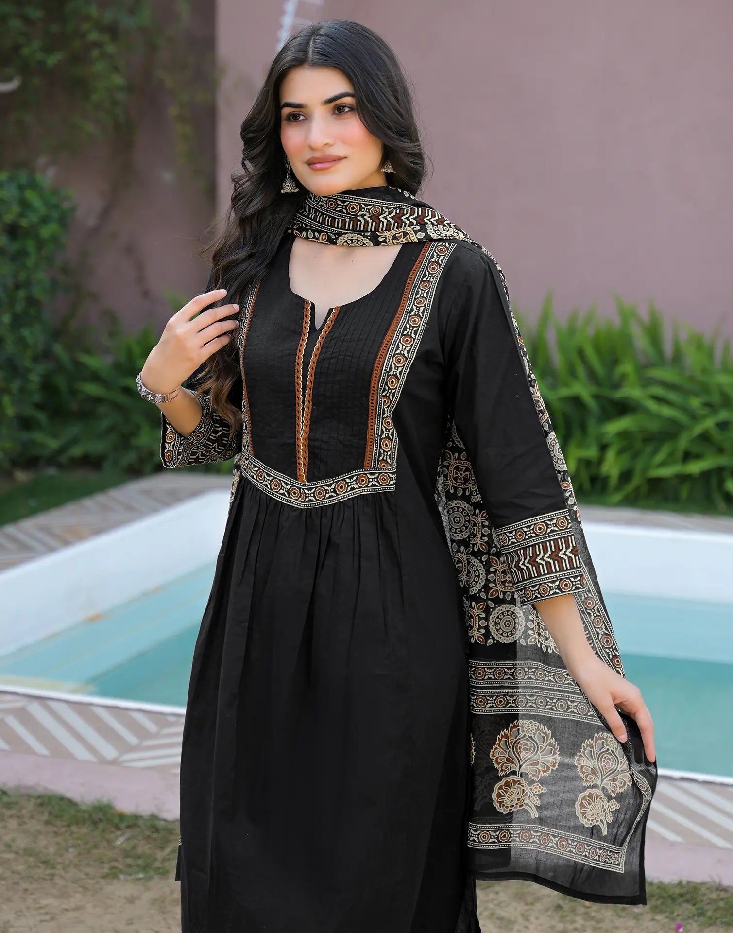 Black Notched Round Neck Embroidered Printed Anarkali 3 Piece Kurta Set with Dupatta