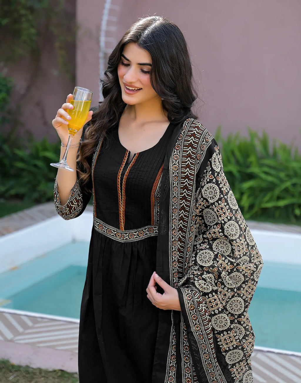 Black Notched Round Neck Embroidered Printed Anarkali 3 Piece Kurta Set with Dupatta