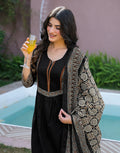 Black Notched Round Neck Embroidered Printed Anarkali 3 Piece Kurta Set with Dupatta