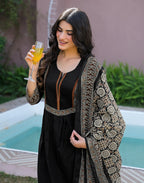 Black Notched Round Neck Embroidered Printed Anarkali 3 Piece Kurta Set with Dupatta
