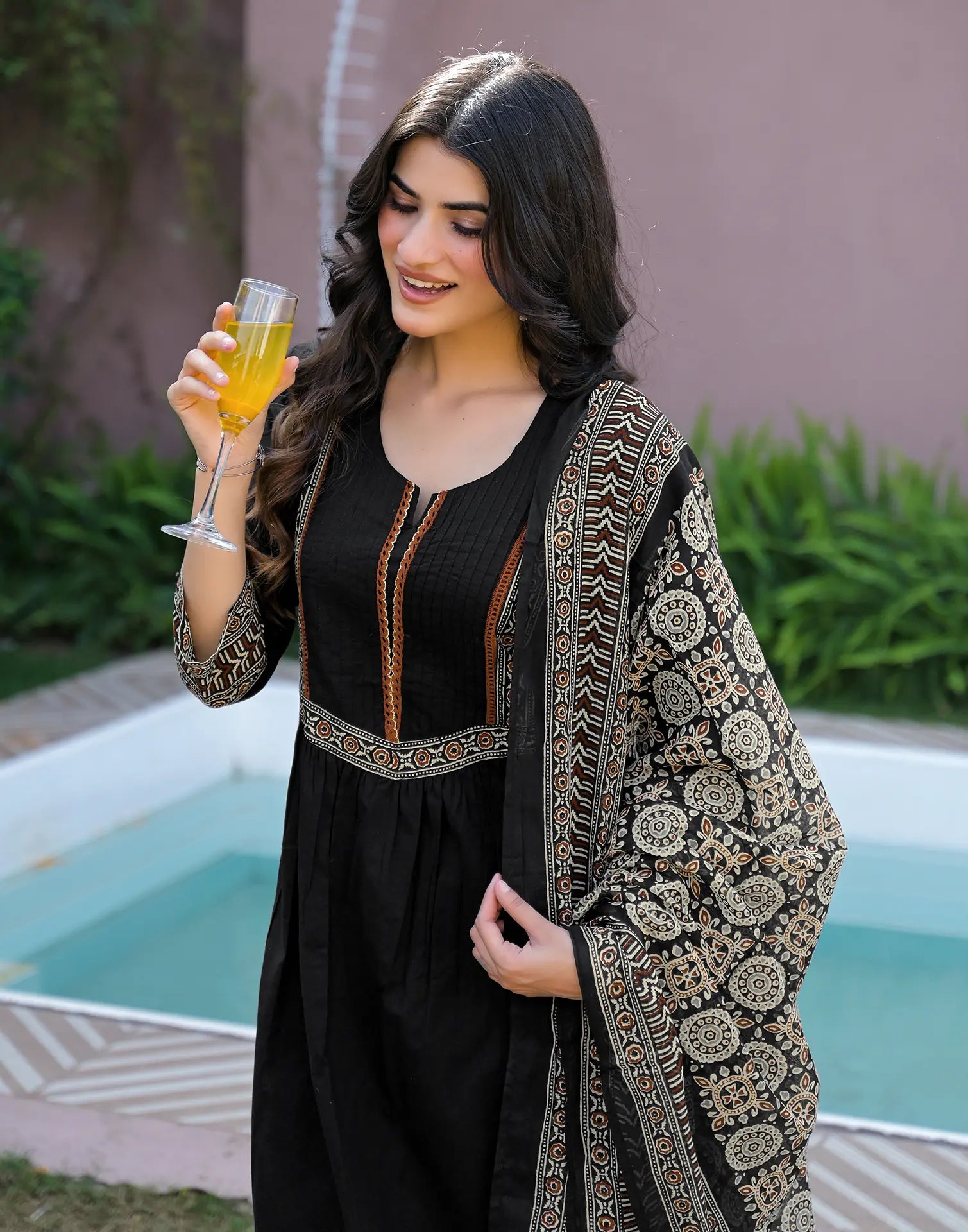 Black Notched Round Neck Embroidered Printed Anarkali 3 Piece Kurta Set with Dupatta
