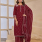 Maroon Cotton Embroidered Straight Kurta Set with Pant & Dupatta for Women Affordable Ethnic Wear under 1299