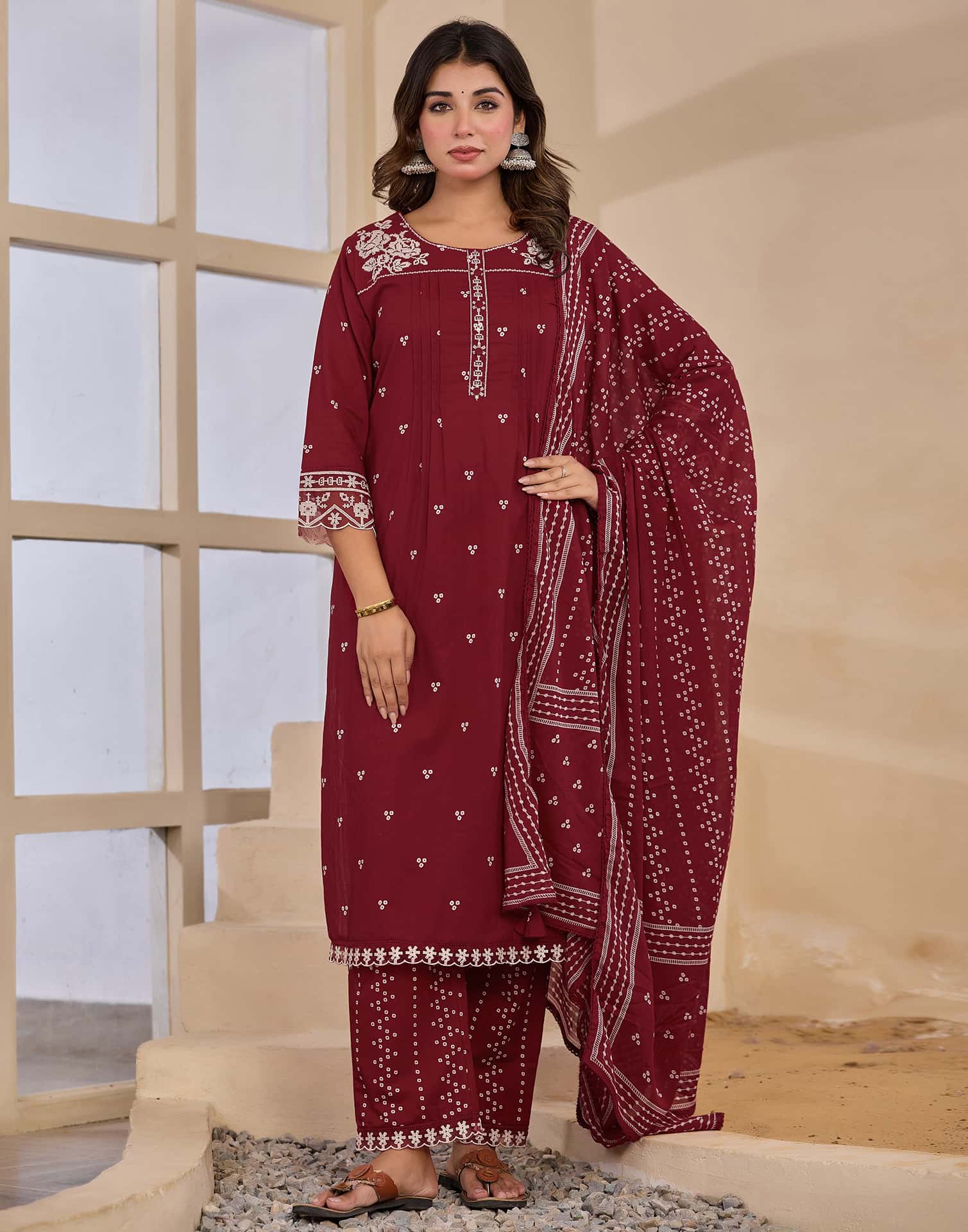Maroon Cotton Embroidered Straight Kurta Set with Pant & Dupatta for Women Affordable Ethnic Wear under 1299