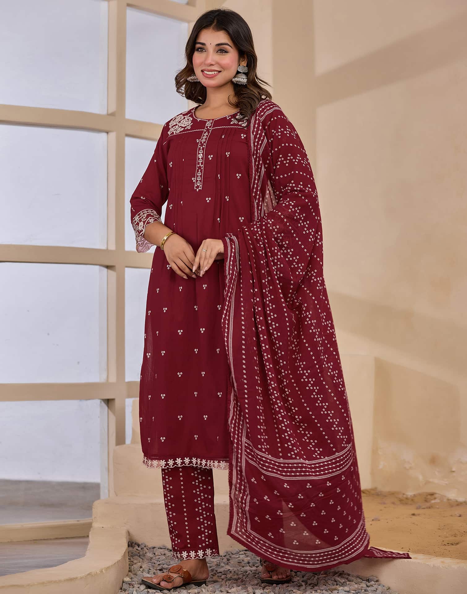 Maroon Cotton Embroidered Straight Kurta Set with Pant & Dupatta for Women Affordable Ethnic Wear under 1299