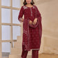 Maroon Cotton Embroidered Straight Kurta Set with Pant & Dupatta for Women Affordable Ethnic Wear under 1299