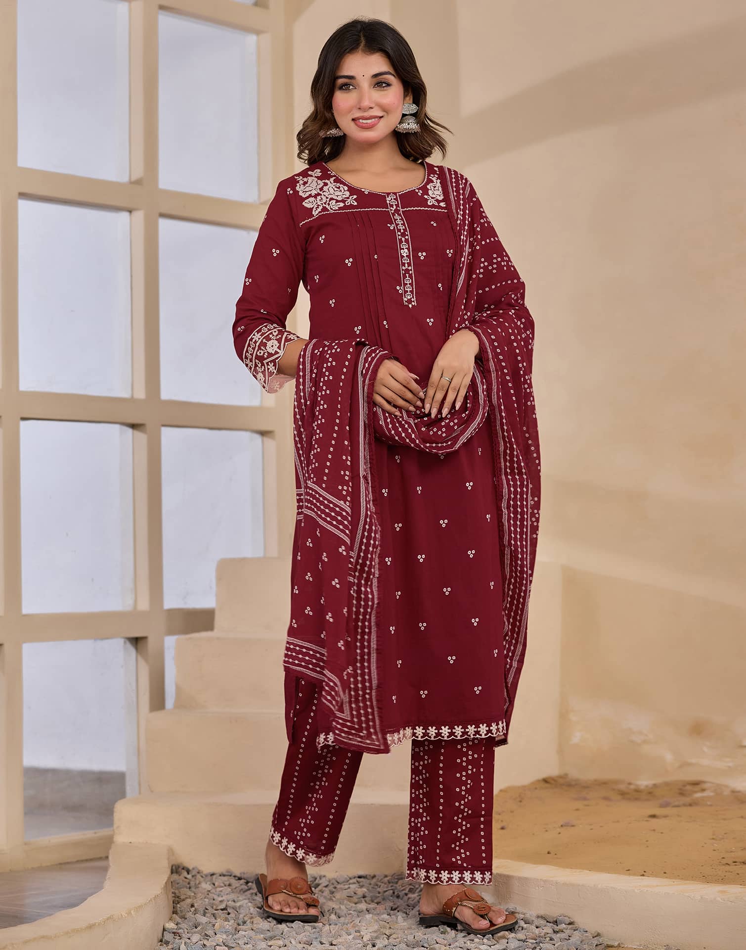 Maroon Cotton Embroidered Straight Kurta Set with Pant & Dupatta for Women Affordable Ethnic Wear under 1299