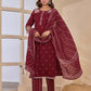 Maroon Cotton Embroidered Straight Kurta Set with Pant & Dupatta for Women Affordable Ethnic Wear under 1299