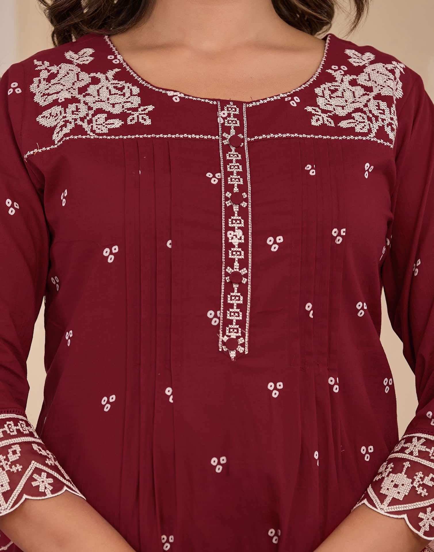 Maroon Cotton Embroidered Straight Kurta Set with Pant & Dupatta for Women Affordable Ethnic Wear under 1299