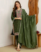 Silk Blend Embroidered Straight 3 Piece Kurta Set