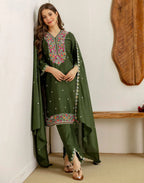 Silk Blend Embroidered Straight 3 Piece Kurta Set