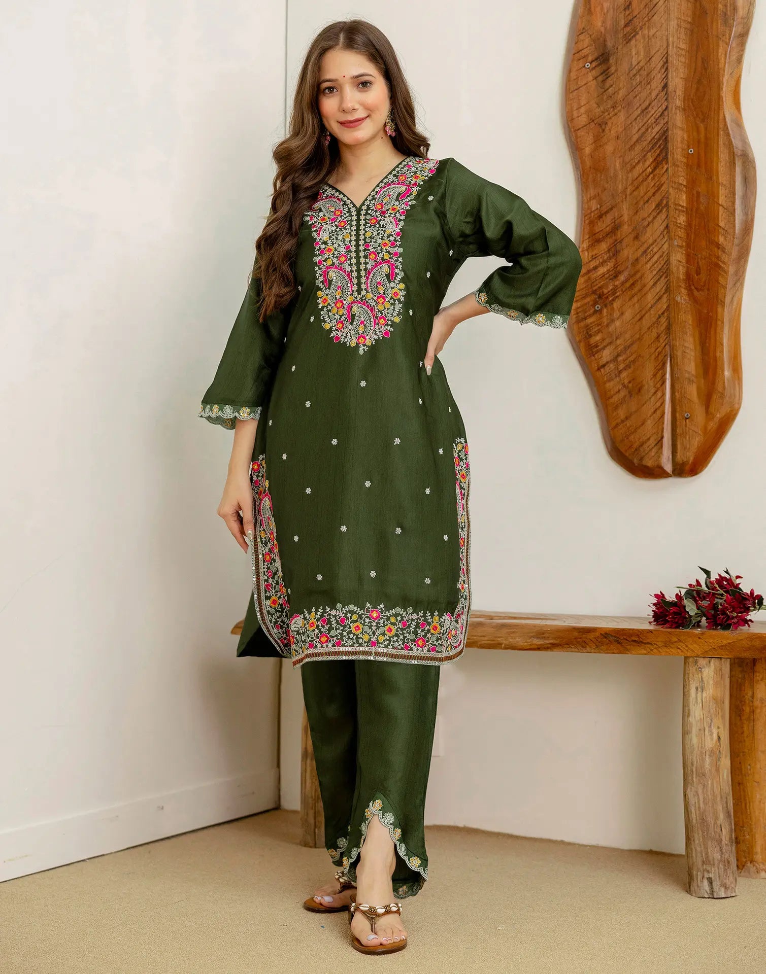Silk Blend Embroidered Straight 3 Piece Kurta Set