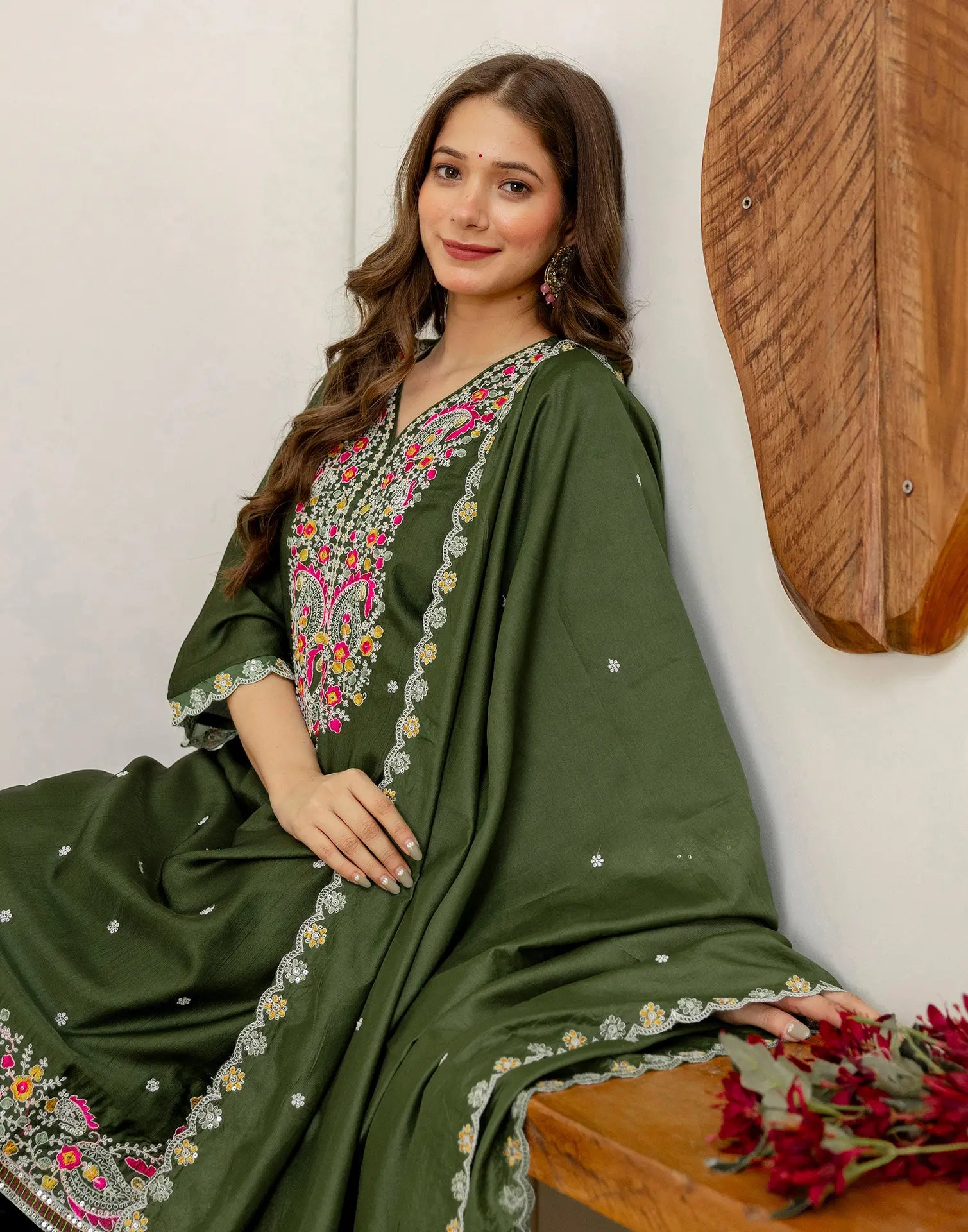 Silk Blend Embroidered Straight 3 Piece Kurta Set