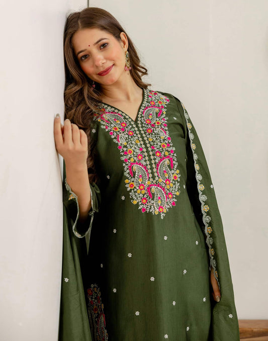 Green Silk Embroidered Straight Kurta Set with Pant and Dupatta for Women under 1299