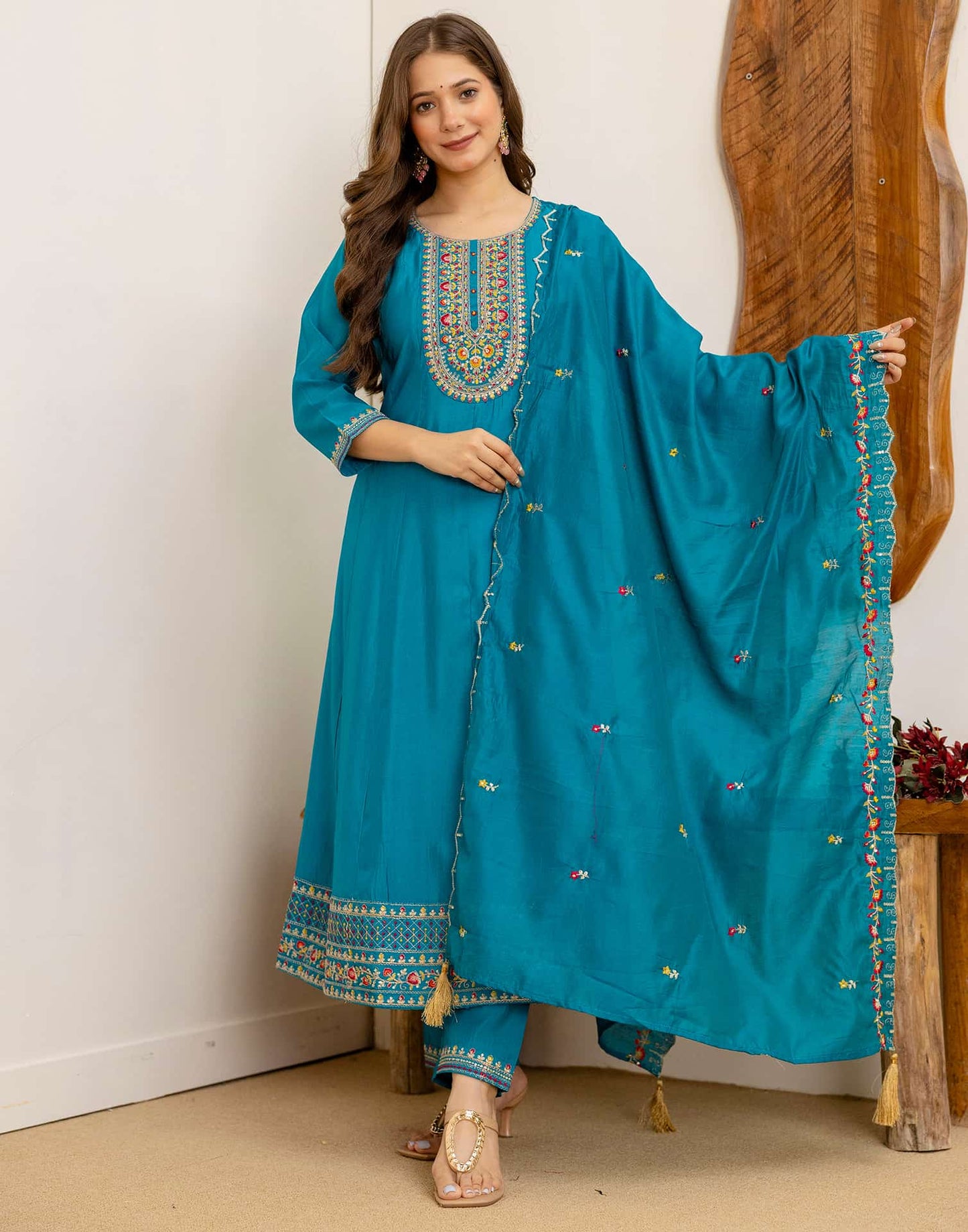 Blue Silk Embroidered Anarkali Kurta Set with Pant and Dupatta for Women Festive Wear under 1299