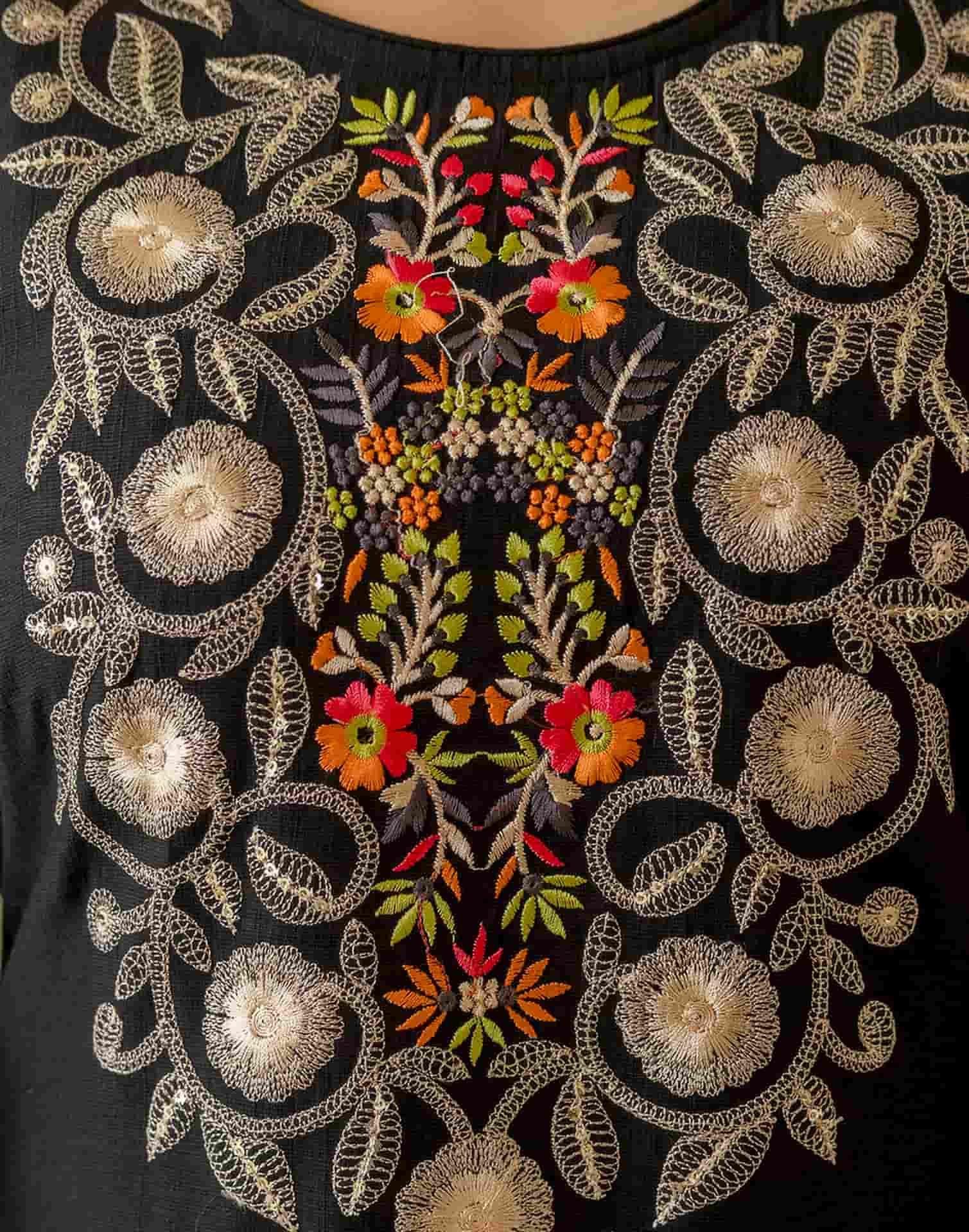 Black Silk Embroidered Straight Kurta Set with Pant & Dupatta under 1299 