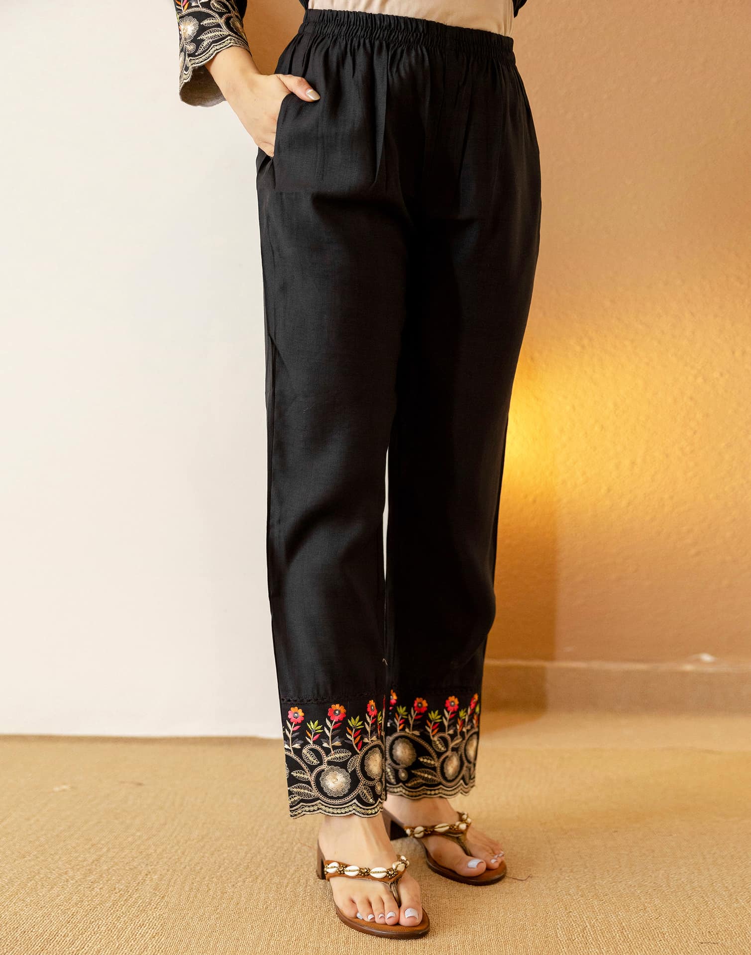 Black Silk Embroidered Straight Kurta Set with Pant & Dupatta under 1299 