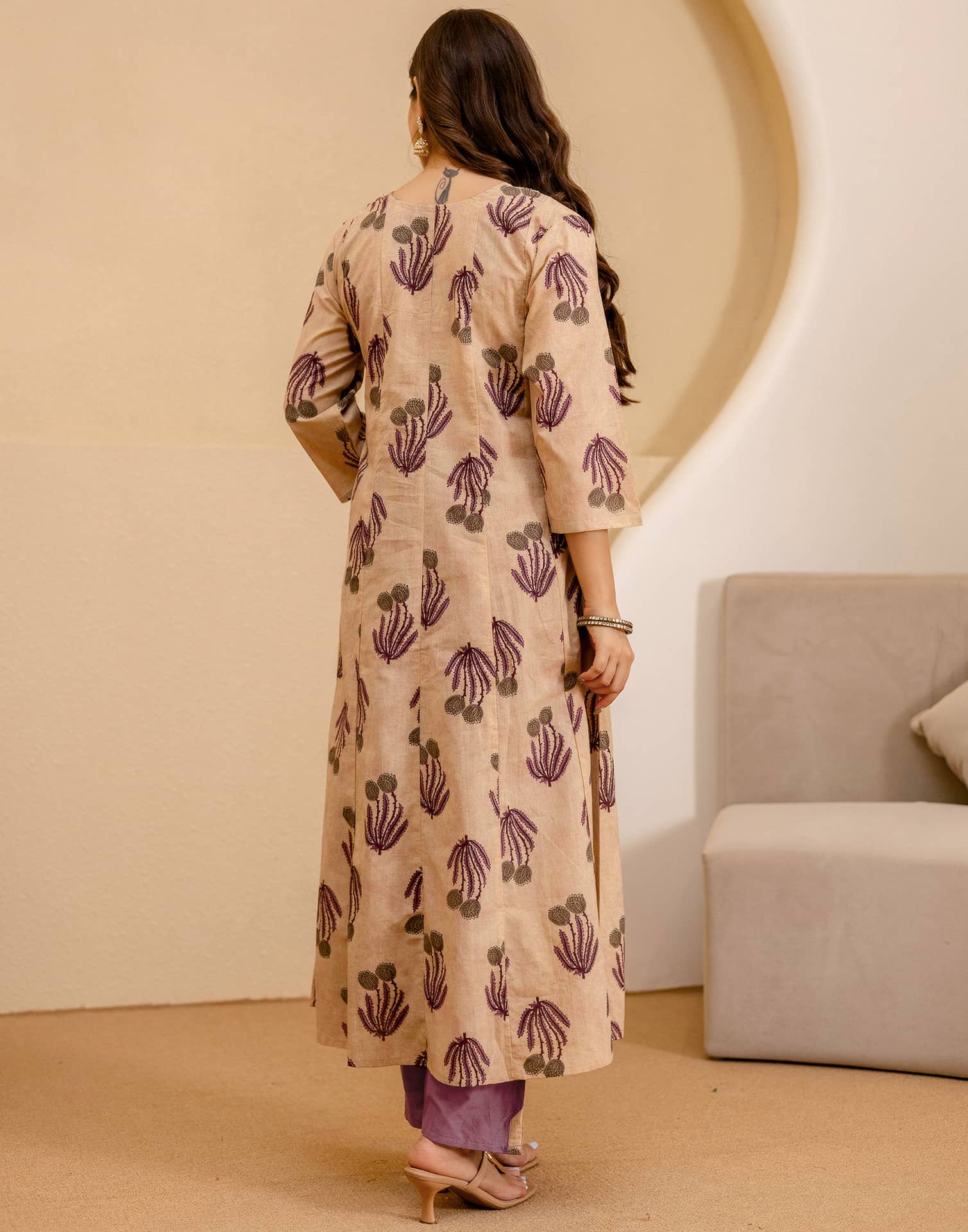 Beige Cotton Printed Anarkali Kurta Set with Pant & Dupatta under 1299 