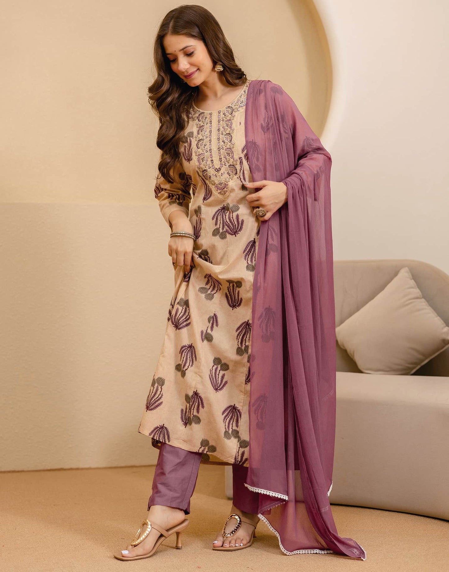 Beige Cotton Printed Anarkali Kurta Set with Pant & Dupatta under 1299 